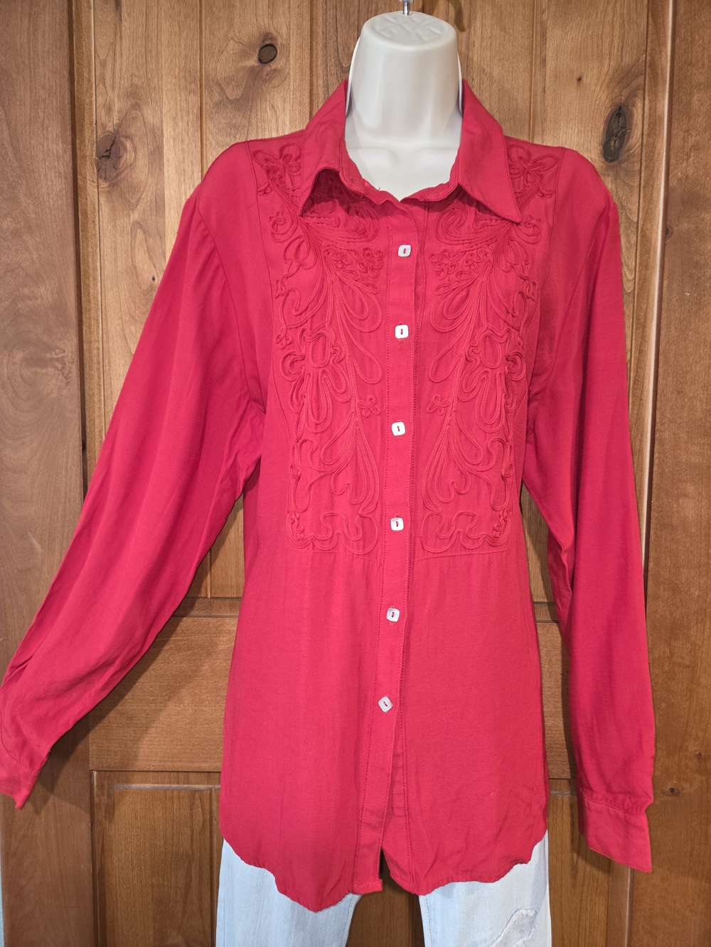 Coldwater Creek Red Button-Down‎ Shirt with Embroidered Front